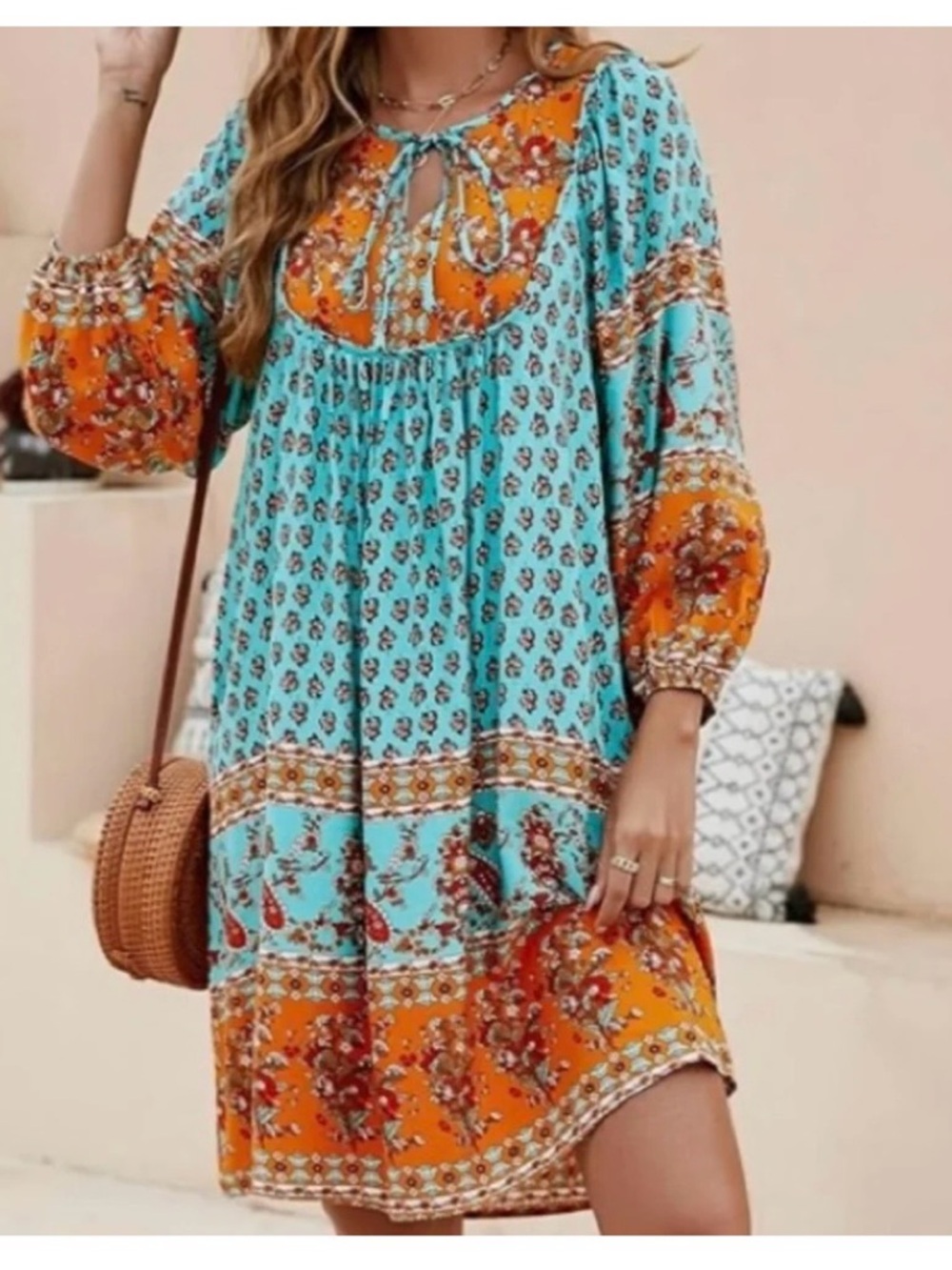 Boho Floral Tiered Dress in Turquoise and Orange
